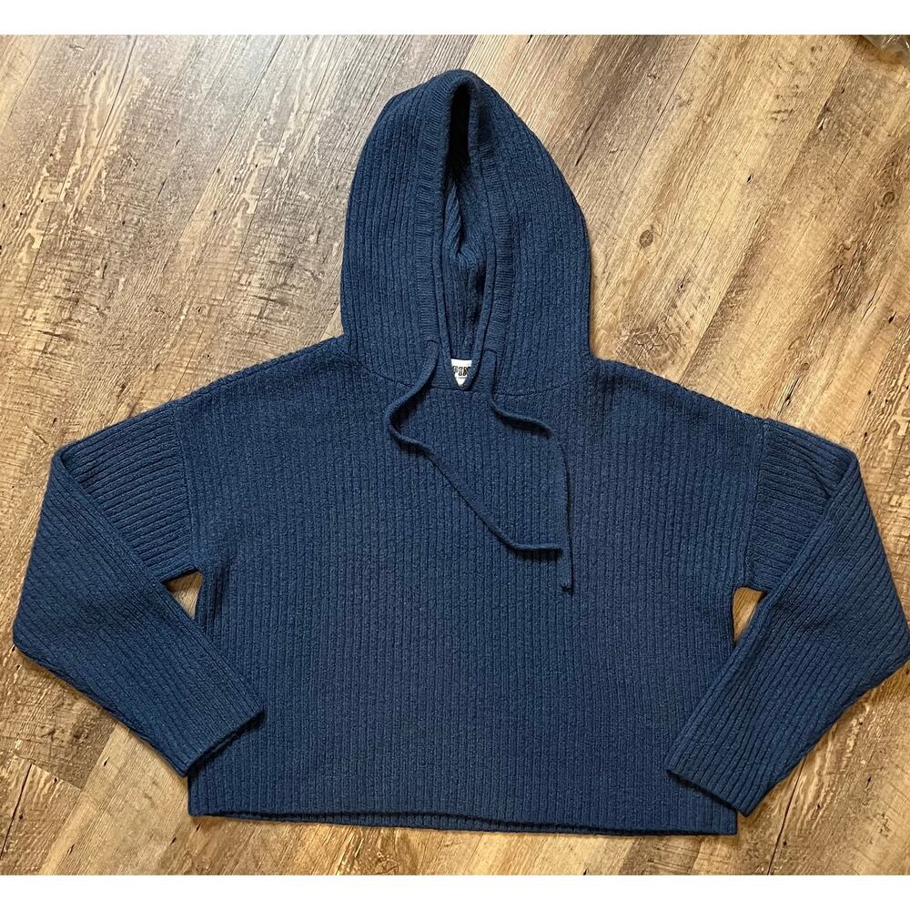 PINK Victoria's Secret Blue Ribbed Knit Pullover Hoodie Sweater NWOT Sz M - Picture 2 of 7